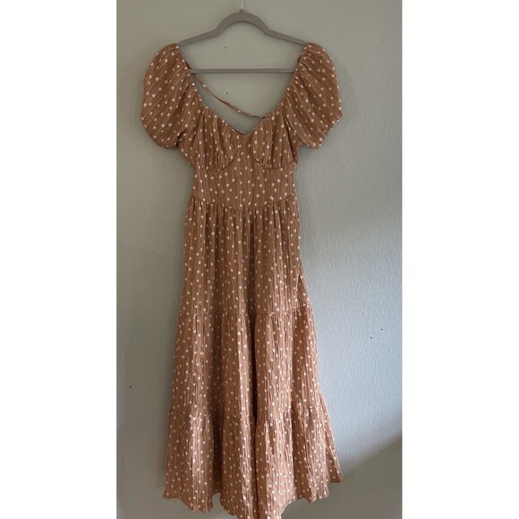 American Eagle Polka Dot Maxi Dress Tan Puff Sleeve NWT XS - Picture 2 of 11